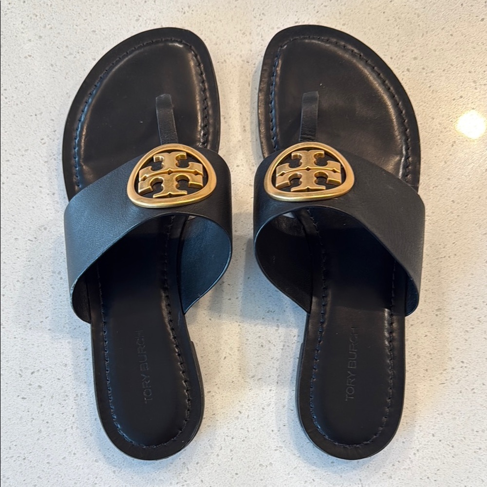 Tory Burch Black Sandals with Gold Emblem